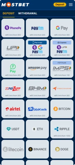 App deposit Mostbet