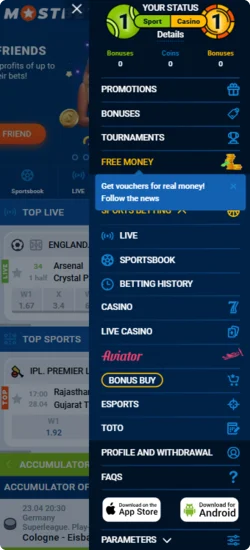App menu Mostbet